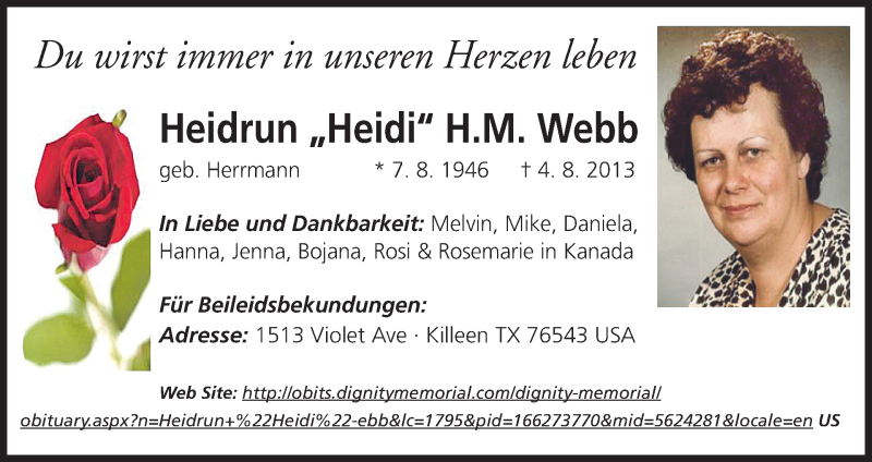  Traueranzeige für Heidrun Webb vom 24.08.2013 aus MGO