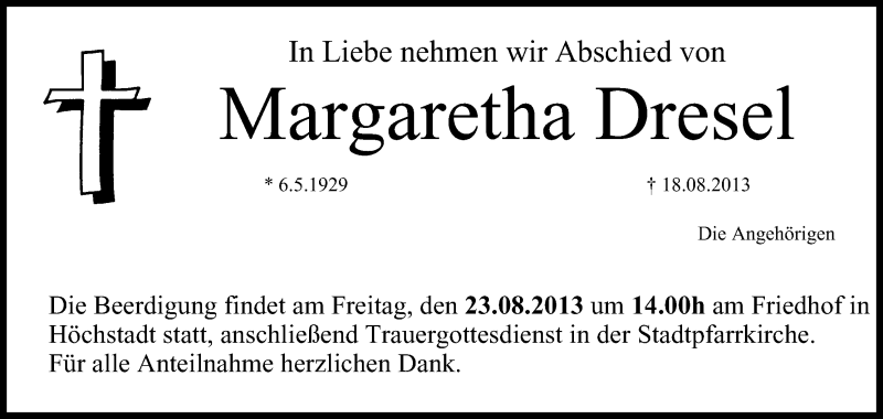  Traueranzeige für Margaretha Dresel vom 23.08.2013 aus MGO