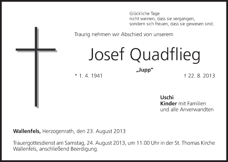  Traueranzeige für Josef Quadflieg vom 23.08.2013 aus MGO