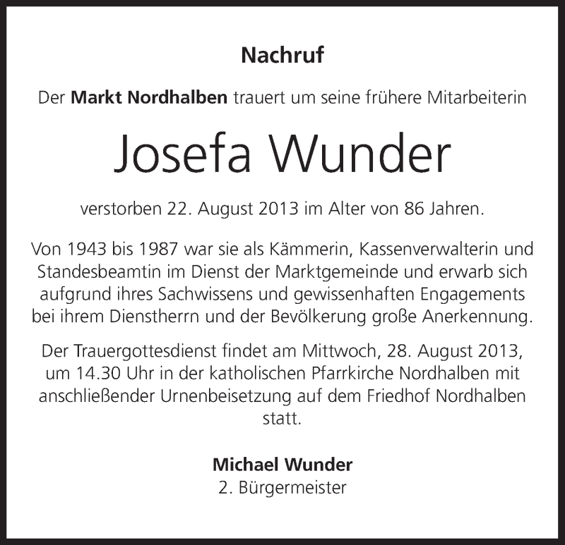  Traueranzeige für Josefa Wunder vom 24.08.2013 aus MGO