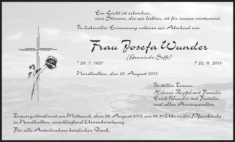  Traueranzeige für Josefa Wunder vom 26.08.2013 aus MGO