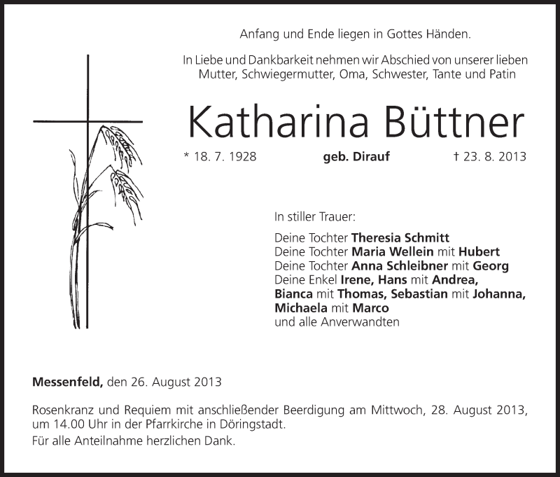  Traueranzeige für Katharina Büttner vom 26.08.2013 aus MGO