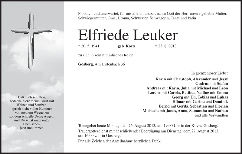  Traueranzeige für Elfriede Leuker vom 26.08.2013 aus MGO
