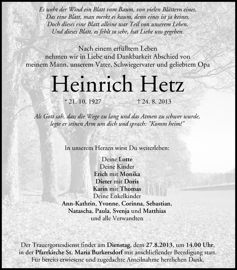  Traueranzeige für Heinrich Hetz vom 26.08.2013 aus MGO