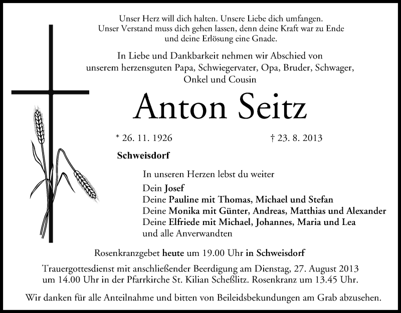  Traueranzeige für Anton Seitz vom 26.08.2013 aus MGO