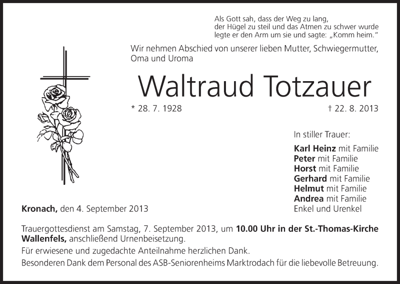  Traueranzeige für Waltraud Totzauer vom 04.09.2013 aus MGO