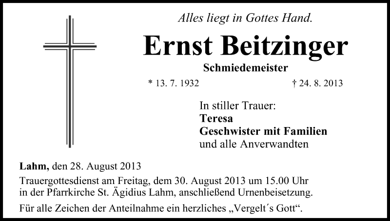  Traueranzeige für Ernst Beitzinger vom 28.08.2013 aus MGO