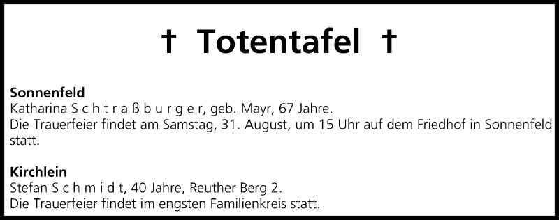  Traueranzeige für Totentafel vom 29.08.2013 vom 29.08.2013 aus MGO