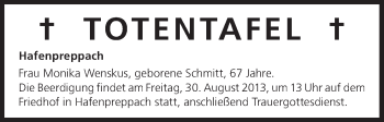 Anzeige von Totentafel vom 29.08.2013 von MGO