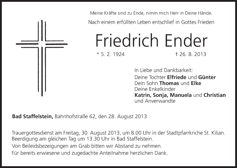  Traueranzeige für Friedrich Ender vom 28.08.2013 aus MGO