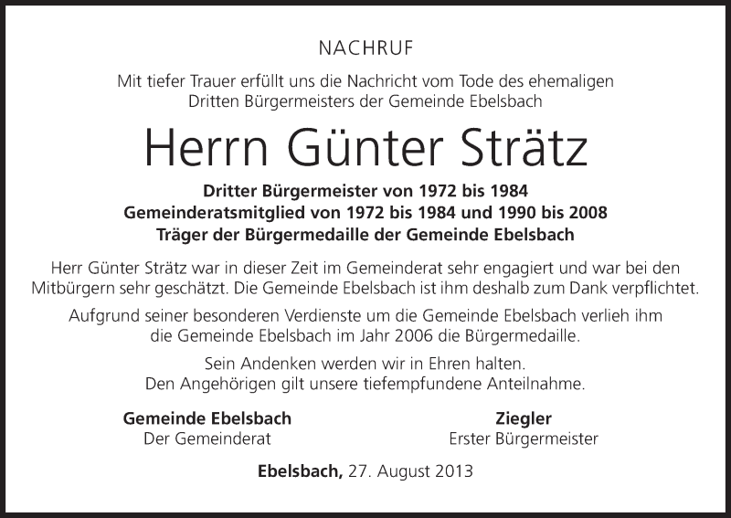  Traueranzeige für Günter Strätz vom 28.08.2013 aus MGO