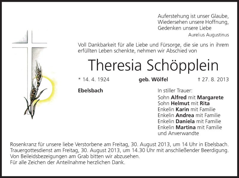  Traueranzeige für Theresia Schöpplein vom 29.08.2013 aus MGO