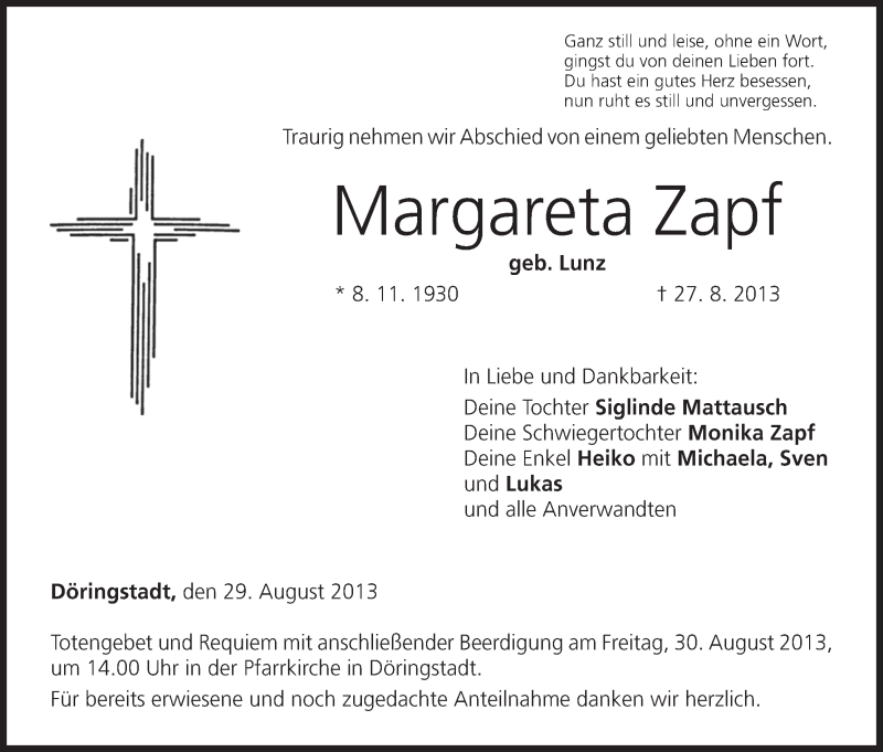  Traueranzeige für Margareta Zapf vom 29.08.2013 aus MGO