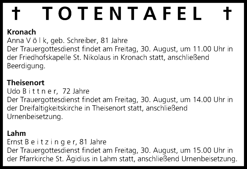  Traueranzeige für Totentafel vom 29.08.2013 vom 29.08.2013 aus MGO
