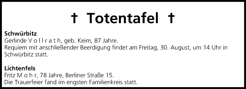  Traueranzeige für Totentafel vom 30.08.2013 vom 30.08.2013 aus MGO