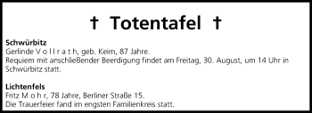 Anzeige von Totentafel vom 30.08.2013 von MGO