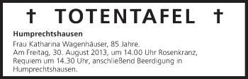 Anzeige von Totentafel vom 30.08.2013 von MGO