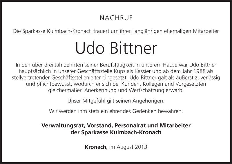  Traueranzeige für Udo Bittner vom 30.08.2013 aus MGO