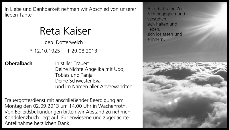  Traueranzeige für Reta Kaiser vom 31.08.2013 aus MGO