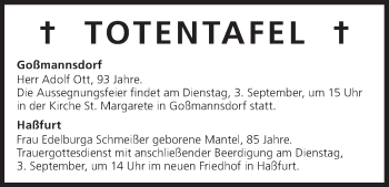Anzeige von Totentafel vom 02.09.2013 von MGO