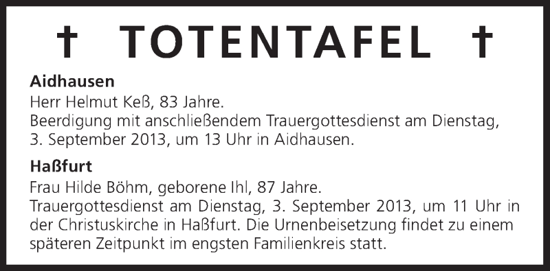  Traueranzeige für Totentafel vom 03.09.2013 vom 03.09.2013 aus MGO