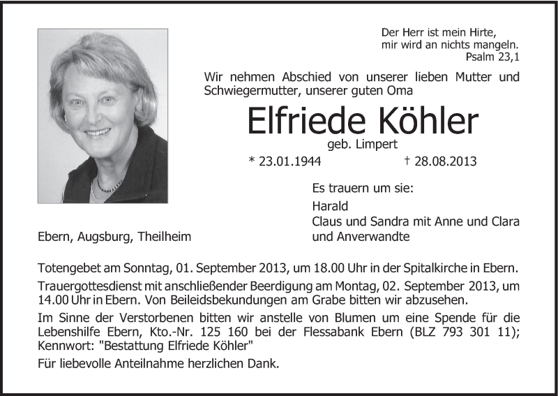  Traueranzeige für Elfriede Köhler vom 31.08.2013 aus MGO