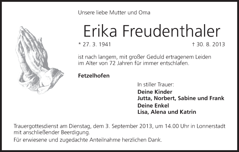  Traueranzeige für Erika Freudenthaler vom 31.08.2013 aus MGO
