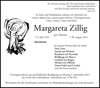 Anzeige von Margareta Zillig von MGO