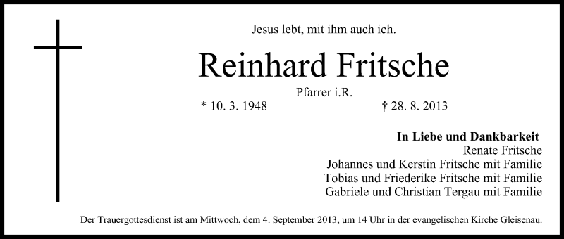  Traueranzeige für Reinhard Fritsche vom 02.09.2013 aus MGO