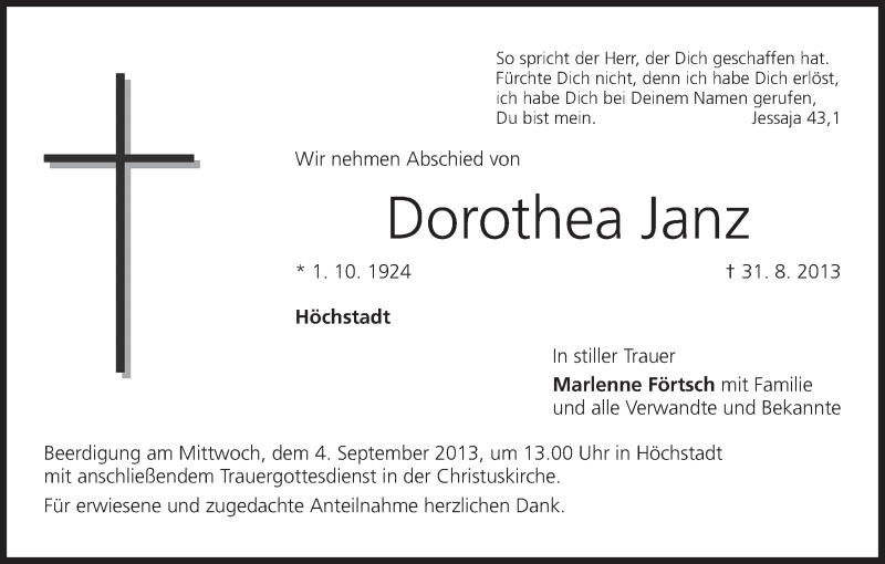  Traueranzeige für Dorothea Janz vom 03.09.2013 aus MGO