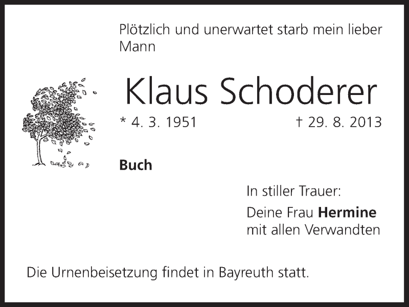  Traueranzeige für Klaus Schoderer vom 04.09.2013 aus MGO
