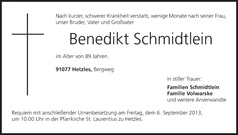  Traueranzeige für Benedikt Schmidtlein vom 04.09.2013 aus MGO