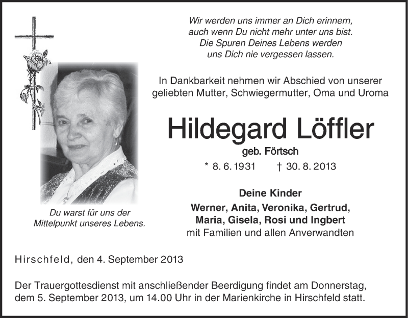 Traueranzeige für Hildegard Löffler vom 04.09.2013 aus MGO