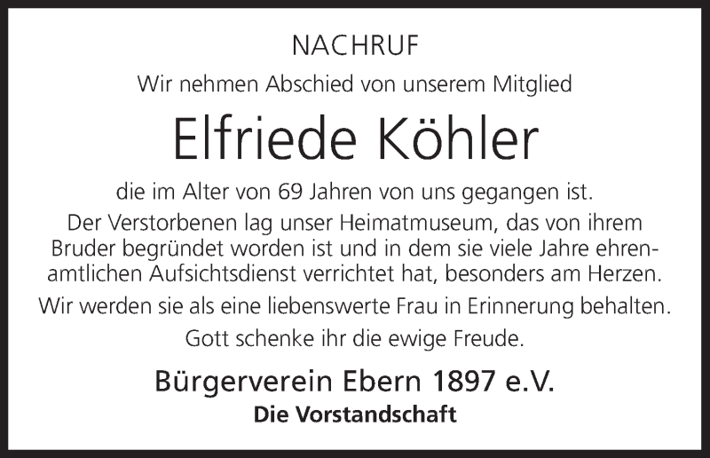  Traueranzeige für Elfriede Köhler vom 04.09.2013 aus MGO
