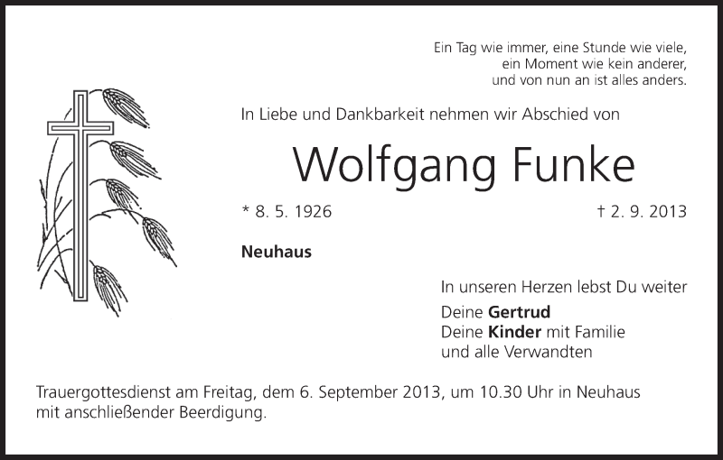  Traueranzeige für Wolfgang Funke vom 04.09.2013 aus MGO