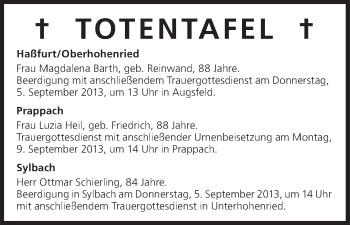 Anzeige von Totentafel vom 05.09.2013 von MGO