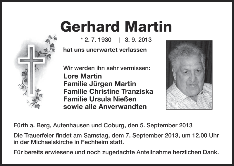  Traueranzeige für Gerhard Martin vom 06.09.2013 aus MGO