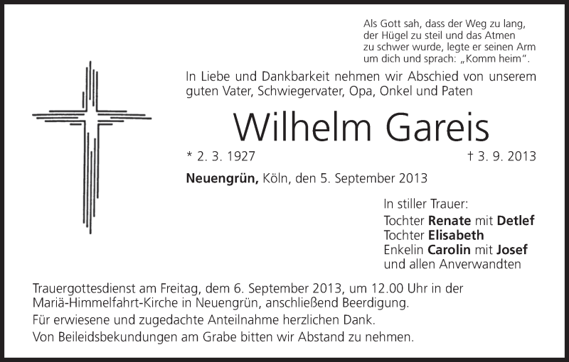 Traueranzeige für Wilhelm Gareis vom 05.09.2013 aus MGO