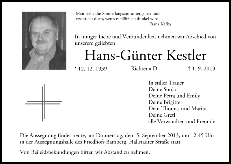  Traueranzeige für Hans-Günter Kestler vom 05.09.2013 aus MGO