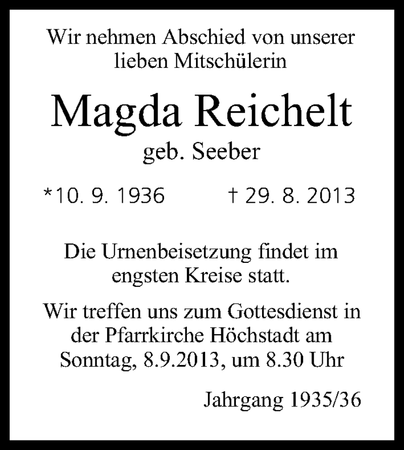  Traueranzeige für Magda Reichelt vom 05.09.2013 aus MGO