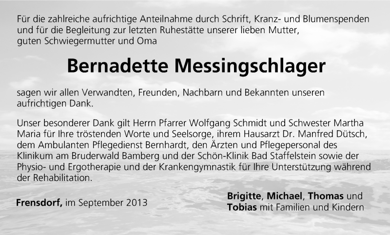  Traueranzeige für Bernadette Messingschlager vom 07.09.2013 aus MGO