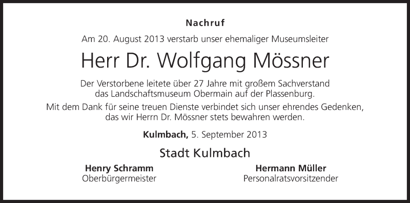  Traueranzeige für Wolfgang Mössner vom 05.09.2013 aus MGO