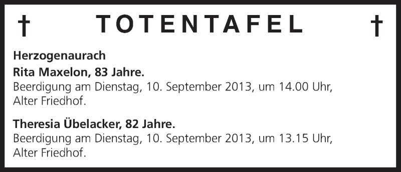  Traueranzeige für Totentafel vom 07.09.2013 vom 07.09.2013 aus MGO
