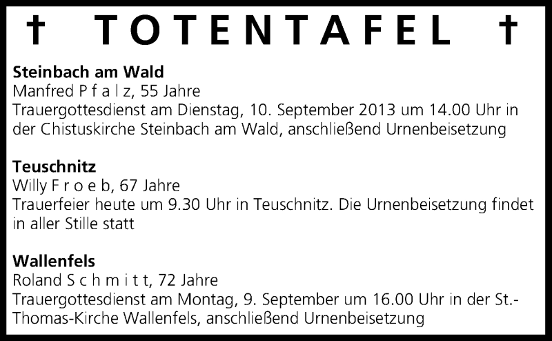  Traueranzeige für Totentafel vom 07.09.2013 vom 07.09.2013 aus MGO
