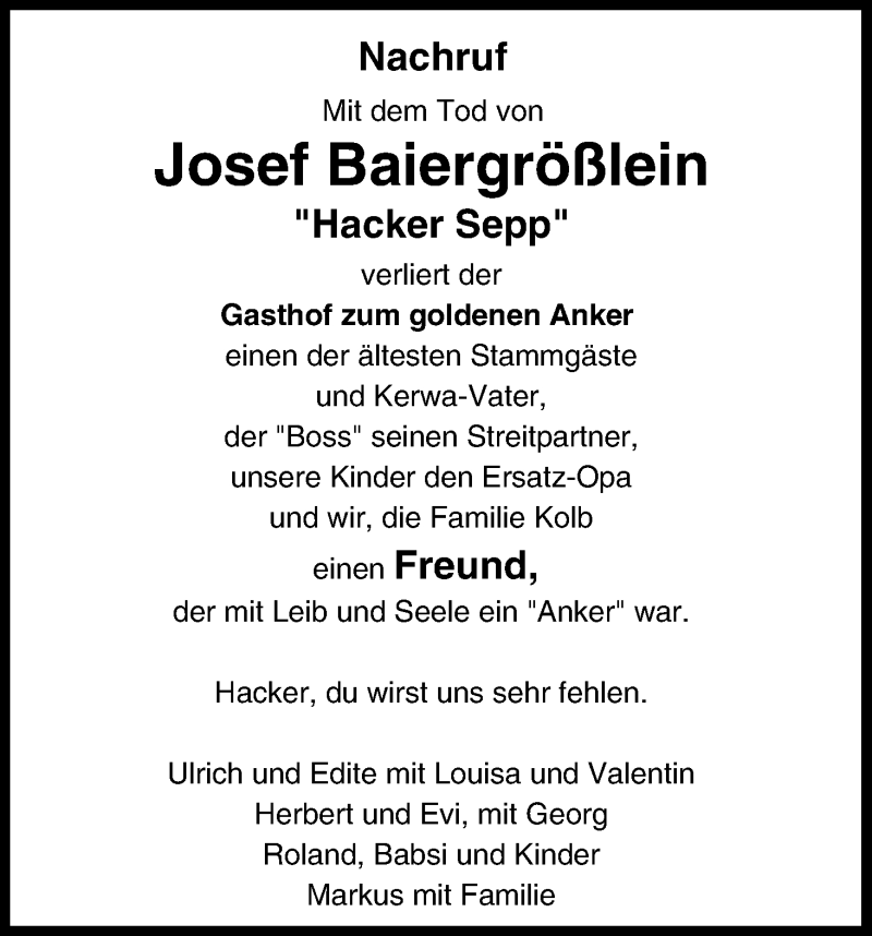  Traueranzeige für Josef Beiergrößlein vom 09.09.2013 aus MGO
