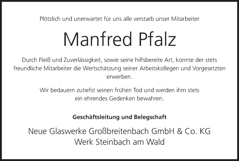  Traueranzeige für Manfred Pfalz vom 07.09.2013 aus MGO