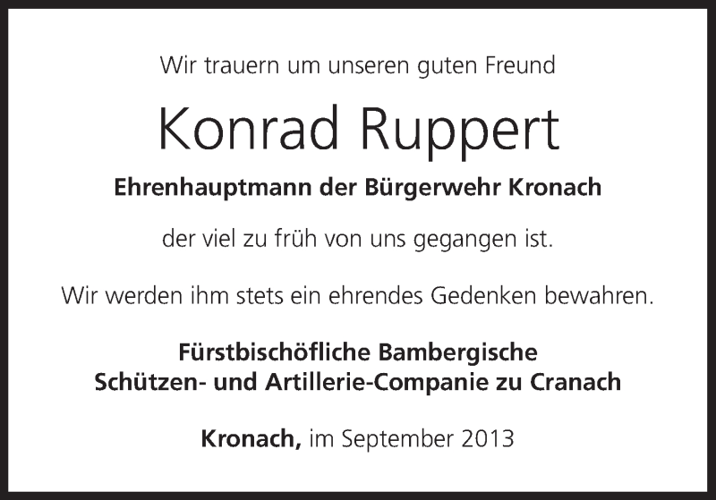  Traueranzeige für Konrad Ruppert vom 09.09.2013 aus MGO