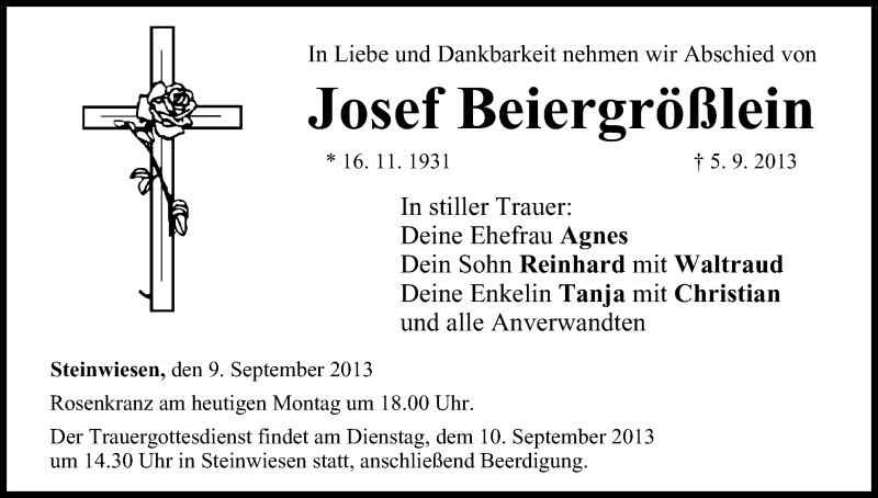  Traueranzeige für Josef Beiergrößlein vom 09.09.2013 aus MGO