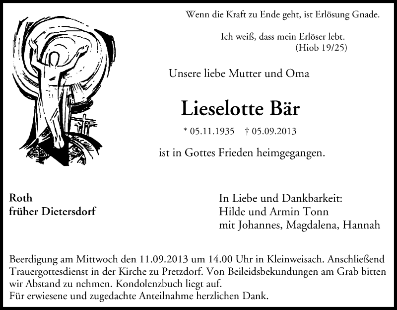  Traueranzeige für Lieselotte Bär vom 09.09.2013 aus MGO