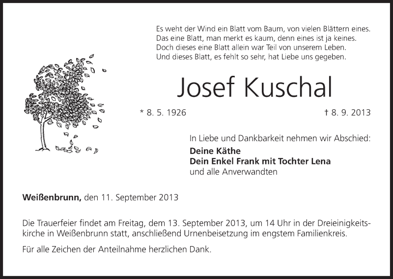  Traueranzeige für Josef Kuschal vom 11.09.2013 aus MGO